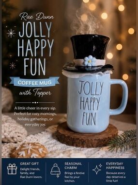 Rae Dunn JOLLY HAPPY FUN coffee mug with topper